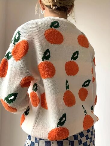 Womens Knitted Orange Sweater Casual Loose Long Sleeve Pullover Sweater Tops in Kuwait