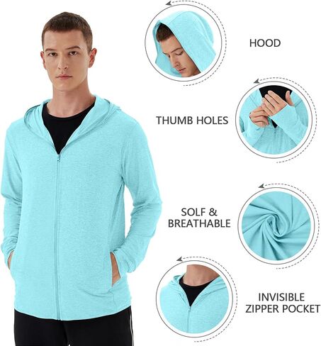 Mens UPF 50+ UV Full Zip Sun Protection Hoodie Jacket with Thumb Holes Cooling Lightweight Fishing Hiking Cooling Shirts Men in Kuwait