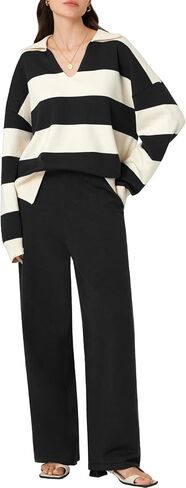 Meetjen Women's Sweater Sets 2 Piece Outfits 2024 Casual V Neck Long Sleeve Tracksuit Pullover Tops Wide Leg Sweatpants in Saudi Arabia