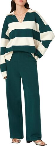 Meetjen Women's Sweater Sets 2 Piece Outfits 2024 Casual V Neck Long Sleeve Tracksuit Pullover Tops Wide Leg Sweatpants in Saudi Arabia