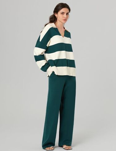 Meetjen Women's Sweater Sets 2 Piece Outfits 2024 Casual V Neck Long Sleeve Tracksuit Pullover Tops Wide Leg Sweatpants in Saudi Arabia