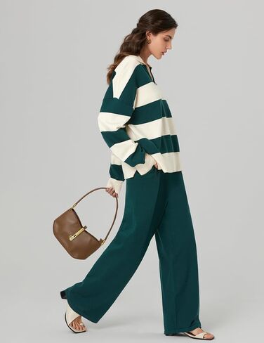 Meetjen Women's Sweater Sets 2 Piece Outfits 2024 Casual V Neck Long Sleeve Tracksuit Pullover Tops Wide Leg Sweatpants in Saudi Arabia
