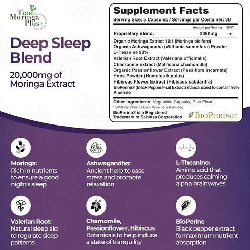 Sleep Support Supplement 10:1 Extract | 20,000mg of Organic Moringa, Chamomile, Passion Flower, Valerian Root, Hibiscus for Relaxation | Natural Sleep Aid for Adults (150 Capsules) in Saudi Arabia