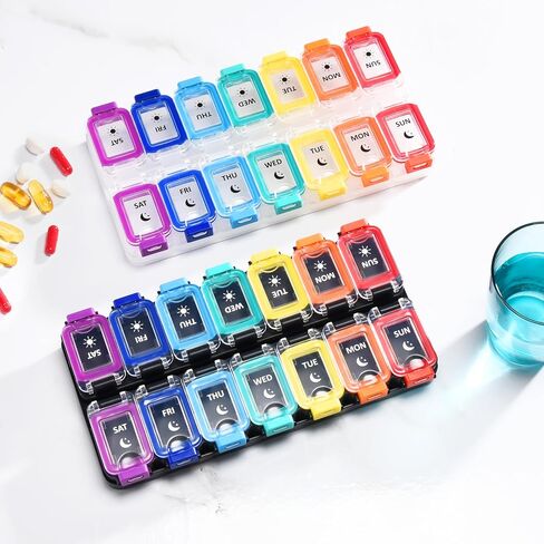Fullicon Moisture Proof Pill Organizer 2 Times a Day, Large Pill Box 7 Day, Spill Proof Pill Case, Travel Pill Container, Medicine Pill Organizer with Secure Lids, Daily Pill Organizer (Rainbow Black) in Saudi Arabia