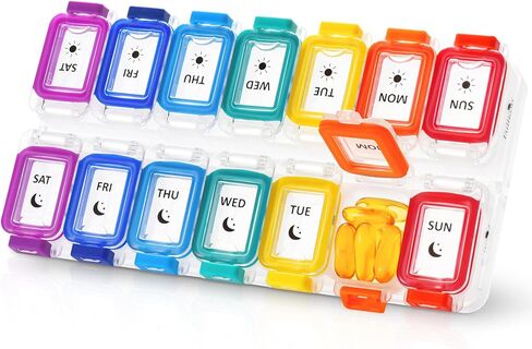 منظم حبوب منع الحمل المقاوم للرطوبة من فوليكون مرتين في اليوم، صندوق حبوب كبير 7 أيام، علبة حبوب منع الحمل مقاومة للانسكاب، حاوية حبوب السفر، منظم حبوب الدواء مع أغطية آمنة، منظم حبوب الدواء اليومي (قوس قزح أسود) in Kuwait