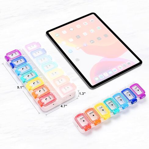 منظم حبوب منع الحمل المقاوم للرطوبة من فوليكون مرتين في اليوم، صندوق حبوب كبير 7 أيام، علبة حبوب منع الحمل مقاومة للانسكاب، حاوية حبوب السفر، منظم حبوب الدواء مع أغطية آمنة، منظم حبوب الدواء اليومي (قوس قزح أسود) in Kuwait