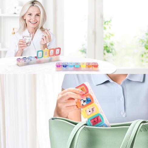 منظم حبوب منع الحمل المقاوم للرطوبة من فوليكون مرتين في اليوم، صندوق حبوب كبير 7 أيام، علبة حبوب منع الحمل مقاومة للانسكاب، حاوية حبوب السفر، منظم حبوب الدواء مع أغطية آمنة، منظم حبوب الدواء اليومي (قوس قزح أسود) in Kuwait