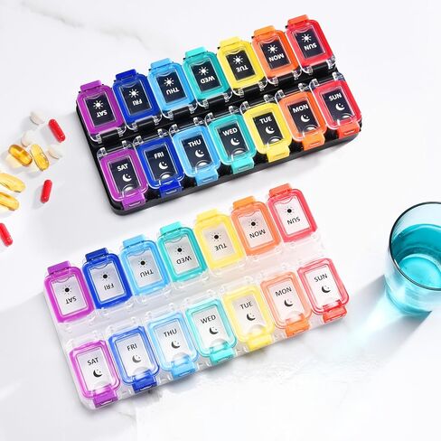 منظم حبوب منع الحمل المقاوم للرطوبة من فوليكون مرتين في اليوم، صندوق حبوب كبير 7 أيام، علبة حبوب منع الحمل مقاومة للانسكاب، حاوية حبوب السفر، منظم حبوب الدواء مع أغطية آمنة، منظم حبوب الدواء اليومي (قوس قزح أسود) in Kuwait