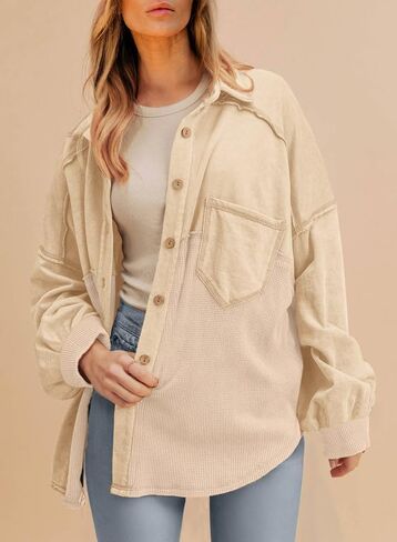SHEWIN Womens Waffle Knit Shacket Fall Fashion Button Down Shirt Jacket Loose Fit Long Sleeve Tops in Saudi Arabia