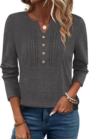 PGANDS Women's V Neck Pleated Tops Long Sleeve Button Casual Solid Blouse in Saudi Arabia