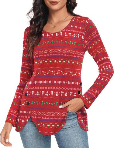 CATHY Womens Tops Dressy Casual Crew Neck Long Sleeve Shirts Button Side Tunic to Wear with Leggings in Saudi Arabia