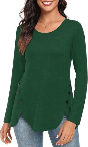 CATHY Womens Tops Dressy Casual Crew Neck Long Sleeve Shirts Button Side Tunic to Wear with Leggings in Saudi Arabia