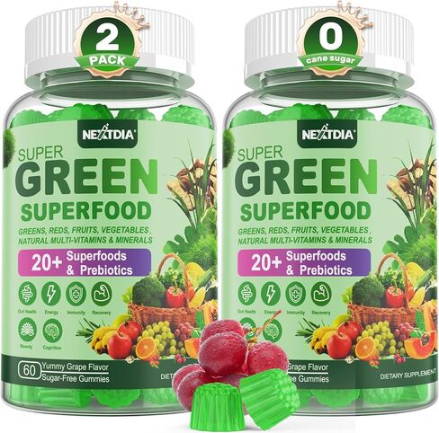 Super Greens Gummies w/Oragnic Spirulina, Chlorella, Superfoods, Prebiotic Fiber, Probiotic, Mushrooms, Fruit Veggie, for Digestive Gut Health, Bloating Relief, Immunity, Overall Health, 120 Cts in Kuwait