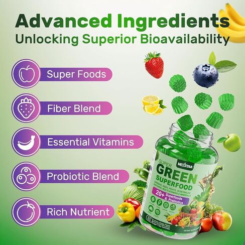 Super Greens Gummies w/Oragnic Spirulina, Chlorella, Superfoods, Prebiotic Fiber, Probiotic, Mushrooms, Fruit Veggie, for Digestive Gut Health, Bloating Relief, Immunity, Overall Health, 120 Cts in Kuwait