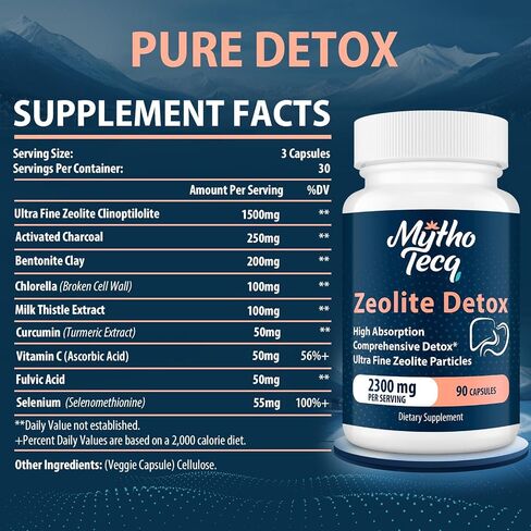 2300 MG Zeolite Detox Capsules - Activated Charcoal & Bentonite Clay, Highly Absorbable Full Body Detox, Liver & Gut Detox Cleanse, Zeolite Clinoptilolite for Heavy Metal Detox （90 Capsules） in Saudi Arabia