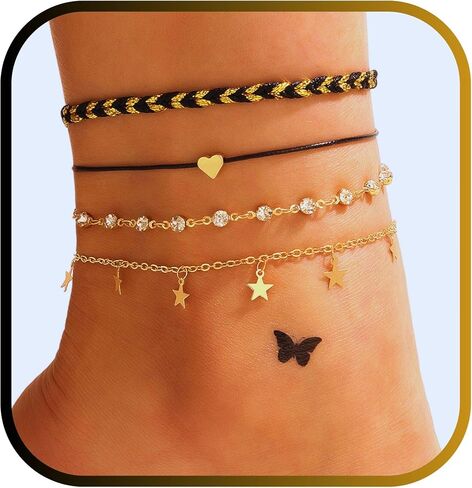 Gold Anklets for Women Waterproof Ankle Bracelets Set Cuban Link Chain Beach Summer Foot Jewelry for Women Adjustable Size Link Heart Cross in Saudi Arabia