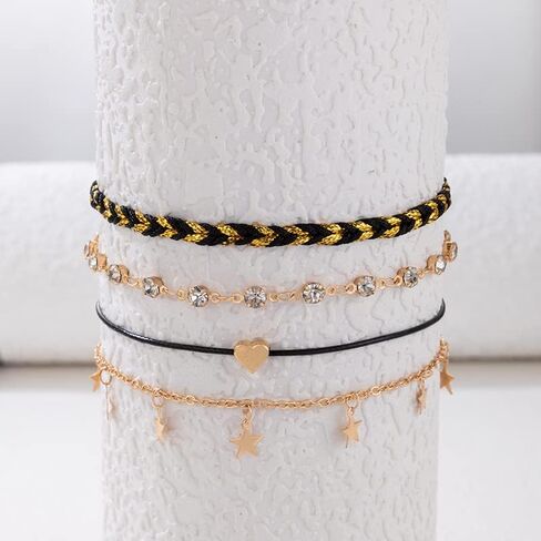 Gold Anklets for Women Waterproof Ankle Bracelets Set Cuban Link Chain Beach Summer Foot Jewelry for Women Adjustable Size Link Heart Cross in Saudi Arabia