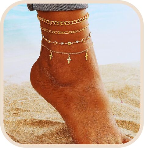 Gold Anklets for Women Waterproof Ankle Bracelets Set Cuban Link Chain Beach Summer Foot Jewelry for Women Adjustable Size Link Heart Cross in Saudi Arabia