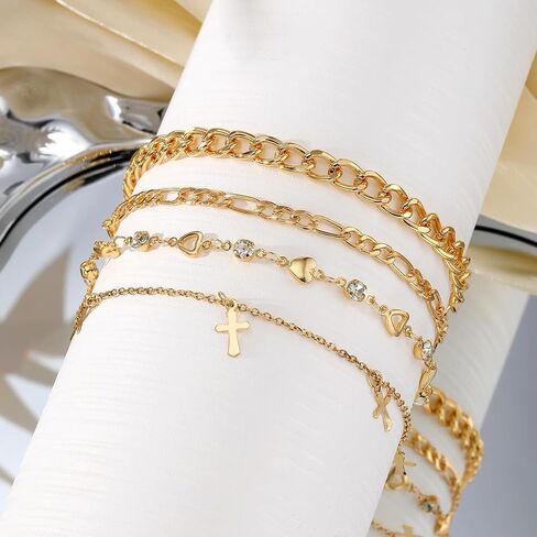 Gold Anklets for Women Waterproof Ankle Bracelets Set Cuban Link Chain Beach Summer Foot Jewelry for Women Adjustable Size Link Heart Cross in Saudi Arabia