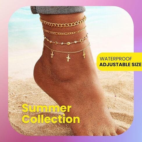Gold Anklets for Women Waterproof Ankle Bracelets Set Cuban Link Chain Beach Summer Foot Jewelry for Women Adjustable Size Link Heart Cross in Saudi Arabia