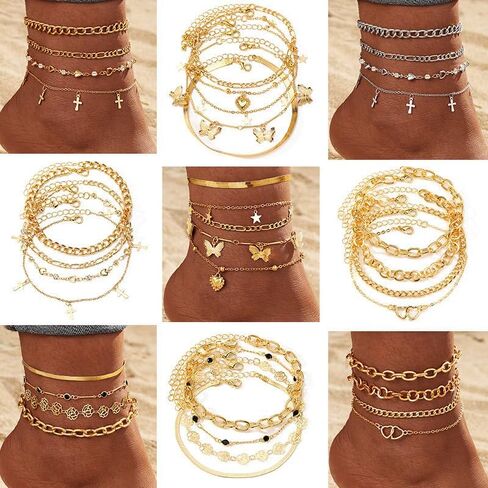 Gold Anklets for Women Waterproof Ankle Bracelets Set Cuban Link Chain Beach Summer Foot Jewelry for Women Adjustable Size Link Heart Cross in Saudi Arabia