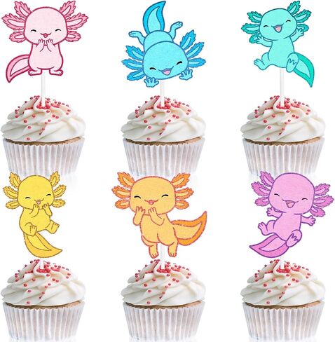 18 Pcs Cute Salamander Themed Happy Birthday Axolotl Cupcake Toppers - Great Decoration Supplies for Boys and Girls Birthday Party,Kids Axolotl Themed Party or Baby Showers,Pink Glitter - LIANGSS in Saudi Arabia