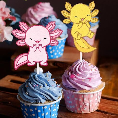 18 Pcs Cute Salamander Themed Happy Birthday Axolotl Cupcake Toppers - Great Decoration Supplies for Boys and Girls Birthday Party,Kids Axolotl Themed Party or Baby Showers,Pink Glitter - LIANGSS in Saudi Arabia