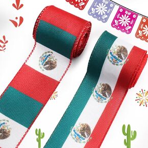 Threetols 2 Rolls 10 Yards Cinco de Mayo Wired Edge Ribbon, 2.5inch Mexican Fiesta Burlap Ribbon, Rainbow Stripe Flower Serape Gift Wrapping Ribbon for Fiesta Party DIY Craft Wreaths Bow Decoration
