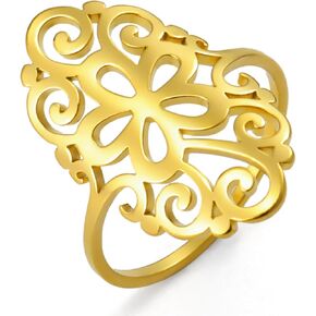 TEAMER Elegant Filigree Flower Ring Stainless Steel Vintage Rhinestone Flower Ring Wedding Band Ring for Women