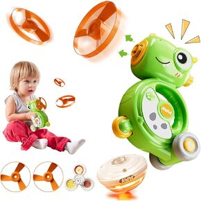 5-in-1 Multifunctional Dinosaur Whistle Inertial Vehicle,Flying Disc Launcher Toy,Light Up Spinning Tops & Gyroscope,for Girls&Boys Age 3-12,2-Pack(Blue+RED)