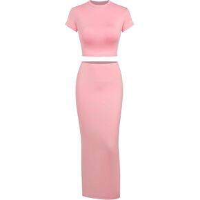 ZAFUL Women's Two Piece Skirt Set for Women Y2K Outfits Short Sleeve Crop Tops Bodycon High Waist Long Maxi Skirts