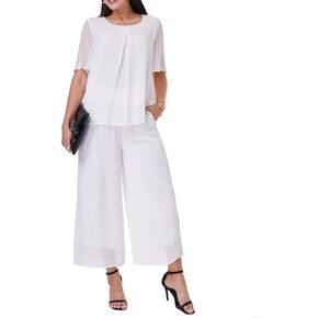 Women's Chiffon Summer 2 Piece Outfits Suit Blouse Top Capri Wide Leg Dress Casual Business Pants Sets