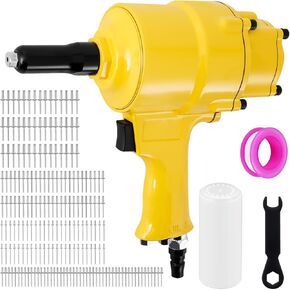 Pneumatic Rivet Gun Dual Cylinder Air Riveter with 195 Rivets & 4 Nose Pieces, 3/32", 1/8", 5/32", 3/16" Capacity, Pop Riveting Gun for Aluminum Nails