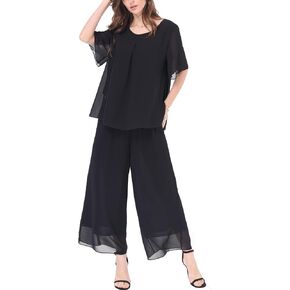 Women's Chiffon Summer 2 Piece Outfits Suit Blouse Top Capri Wide Leg Dress Casual Business Pants Sets
