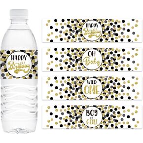 Water Bottle Labels 24 pcs Happy Birthday Water Bottle Labels Water Bottle Stickers Labels for Baby Shower Decor Dessert Table Wraps Birthday Party Decorations Black Gold Dots Water Bottle Labels