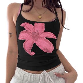 Women Y2k Floral Print Cami Tank Top Scoop Neck Spaghetti Strap Camisole Slim Fit Crop Vintage Going Out Streetwear