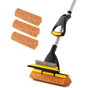 Yocada Sponge Mop Home Commercial Use Tile Floor Bathroom Garage Cleaning with 3 Sponge Heads in Total Squeegee and Extendable Telescopic Long Handle 42.5 to 52 Inches Easily Dry Wringing Only 3 Heads
