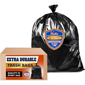 Contractor Trash Bags 55-60 Gallon Heavy Duty 3 Mil (MegaValue 50 Bags w/Ties) 55 Gallon Trash Bags Heavy Duty, Large Black Contractor Garbage Bags for Construction, Industrial Yard Leaf & Lawn Bags