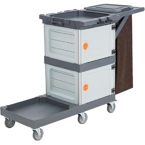 Commercial Janitorial Cart with 2 Cabinet, Cleaning Cart On Wheels, Housekeeping Caddy with Cover, Shelves, and Vinyl Bag, Hotel Cart Housekeeping Room Service Cart Hand Push Utility Cart
