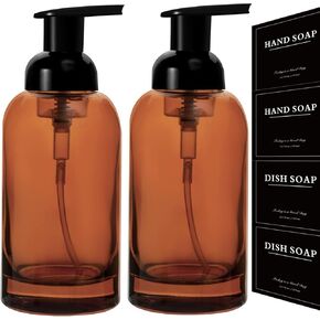 rejomiik 2 Pack Foaming Soap Dispenser Thick Glass Foam Hand Soap Dispenser for Bathroom or Kitchen Sink, 13 oz Pump Bottles for Hand soap, Body Wash, Clear Amber