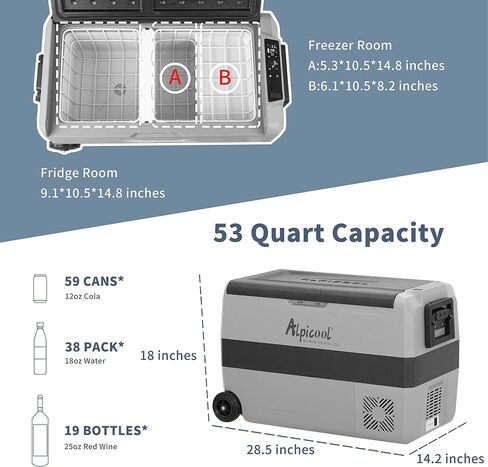 Alpicool LGT50 Dual Temperature Control 12 Volt Refrigerator 53 Quart Portable Car Fridge Freezer (-4°F~68°F) for Truck, RV, Boat, Camping and Travel in Kuwait