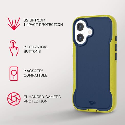 Tech21 EvoPro لهاتف iPhone 16 متوافق مع MagSafe - حافظة حماية من الصدمات تم اختبارها بمعايير عسكرية 21x - باللون الأزرق الداكن/الأصفر in Saudi Arabia