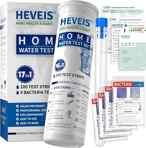17 in 1 Home Drinking Water Testing Kit - 100 Strips + 4 Bacteria Tests - Tap and Well Water Test Kit, Easy to Test and Read for Hardness, Lead, Iron, Fluoride, pH, Copper, Bacteria and More in Saudi Arabia