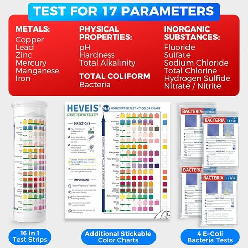 17 in 1 Home Drinking Water Testing Kit - 100 Strips + 4 Bacteria Tests - Tap and Well Water Test Kit, Easy to Test and Read for Hardness, Lead, Iron, Fluoride, pH, Copper, Bacteria and More in Saudi Arabia