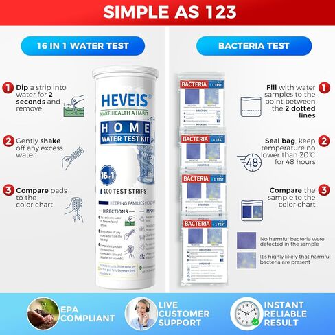 17 in 1 Home Drinking Water Testing Kit - 100 Strips + 4 Bacteria Tests - Tap and Well Water Test Kit, Easy to Test and Read for Hardness, Lead, Iron, Fluoride, pH, Copper, Bacteria and More in Saudi Arabia