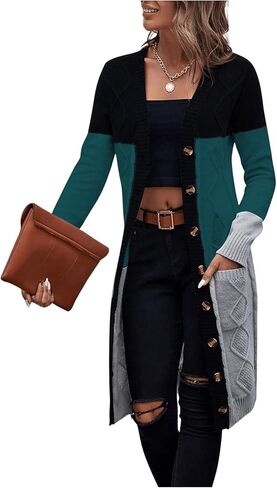 SweatyRocks Women's Color Block Button Front V Neck Long Sleeve Cardigan Soft Knit Long Coat Sweater in Kuwait