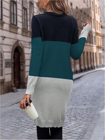 SweatyRocks Women's Color Block Button Front V Neck Long Sleeve Cardigan Soft Knit Long Coat Sweater in Kuwait