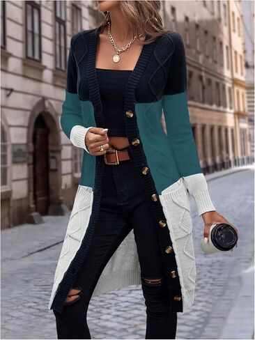 SweatyRocks Women's Color Block Button Front V Neck Long Sleeve Cardigan Soft Knit Long Coat Sweater in Kuwait
