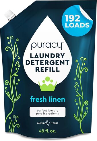 Puracy Liquid Enzyme Laundry Detergent Refill-1,4 Dioxane Free, Natural, Scent-Free Gentle Laundry Detergent Liquid Concentrate Laundry Pouch with Stain Fighting Enzymes 192 Loads Fresh Linen, 48 oz in Saudi Arabia