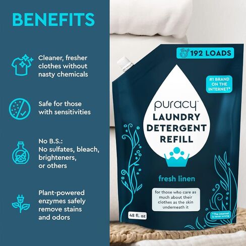 Puracy Liquid Enzyme Laundry Detergent Refill-1,4 Dioxane Free, Natural, Scent-Free Gentle Laundry Detergent Liquid Concentrate Laundry Pouch with Stain Fighting Enzymes 192 Loads Fresh Linen, 48 oz in Saudi Arabia